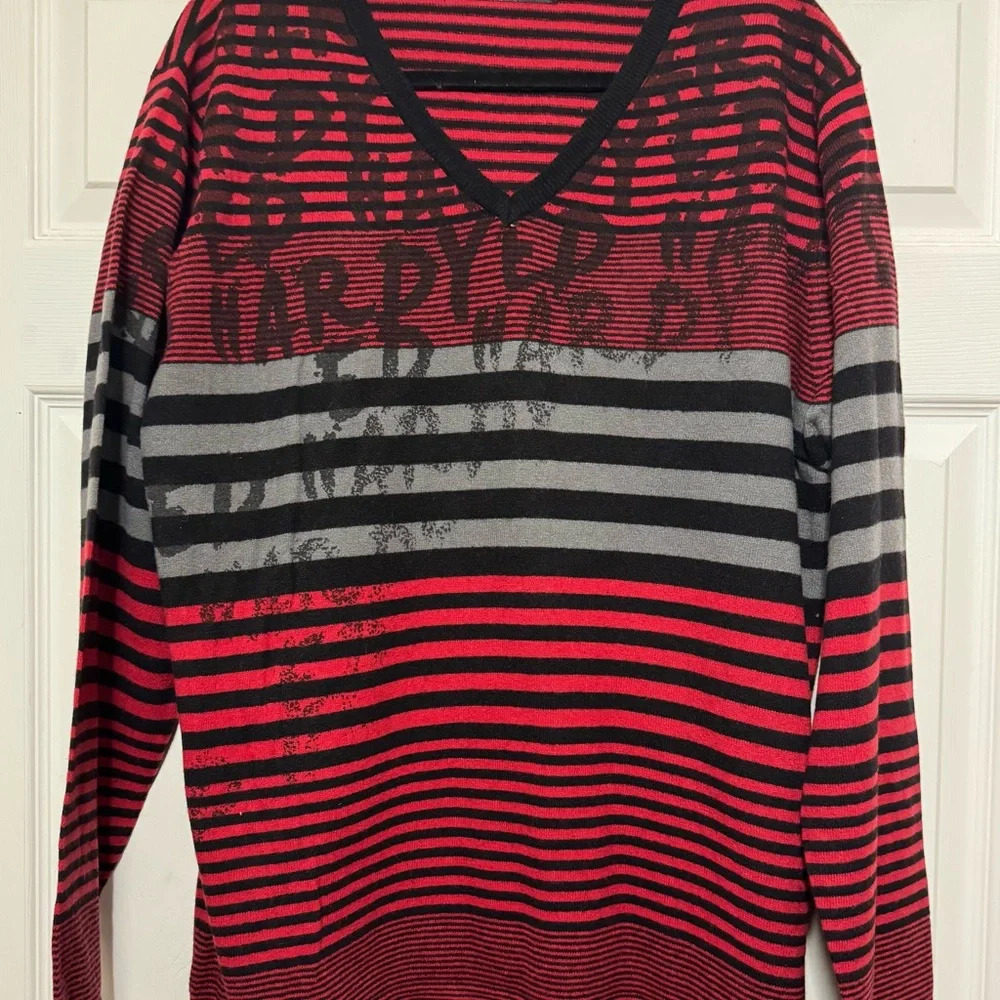 Ed Hardy Unisex Stripped V-Neck Wool Blend Sweater With Signature Logo XX-Large